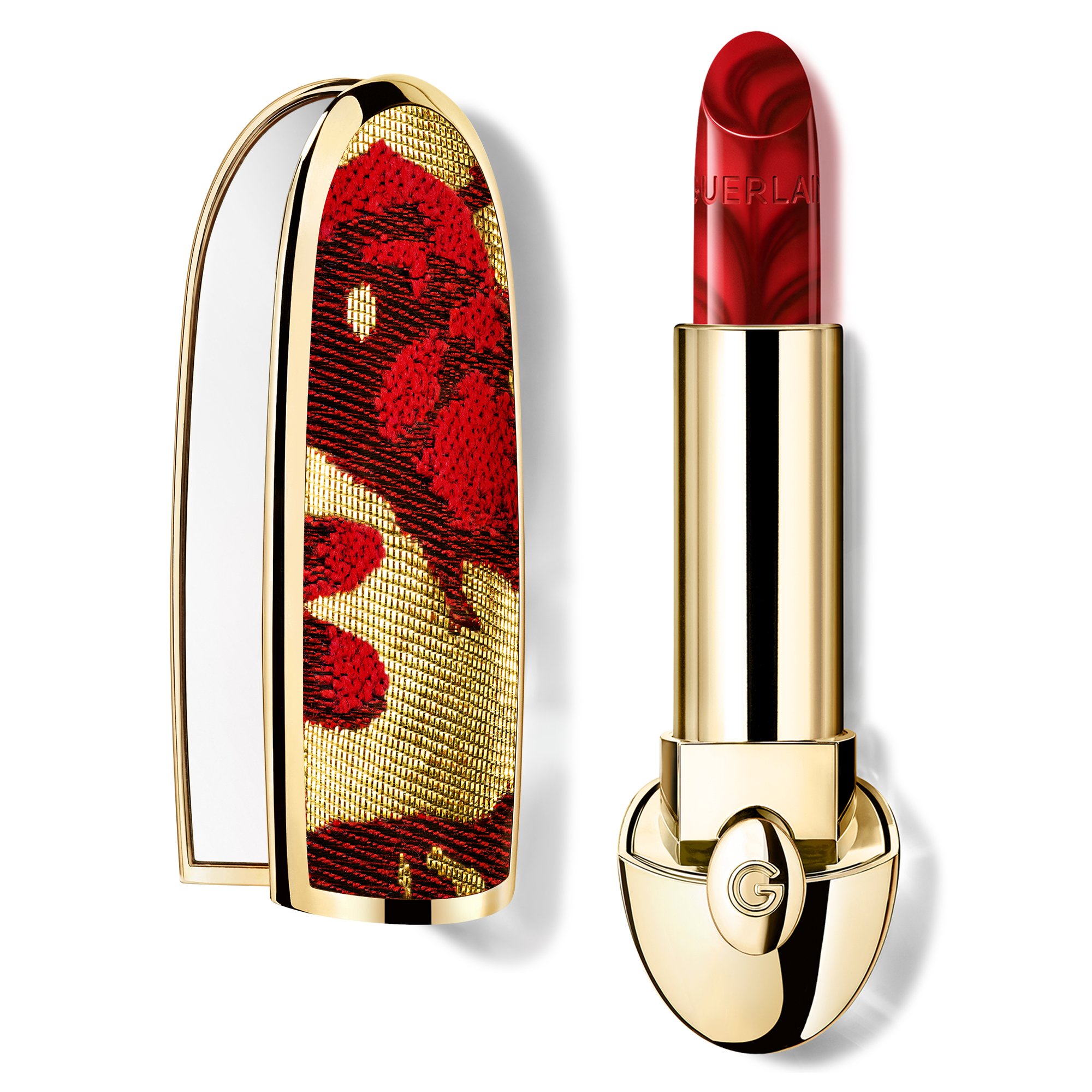 Batom vermelho sofisticado da Guerlain com estojo dourado e padrão floral em vermelho e dourado.