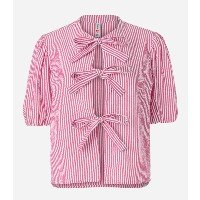 Blusa em Tricoline com Lacinhos Frontais e Estampa Listrada Vermelho/ Branc