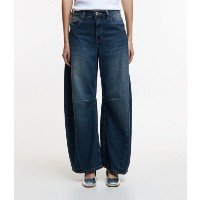 Calça Barrel Cintura Alta em Jeans com Recorte no Joelho Azul