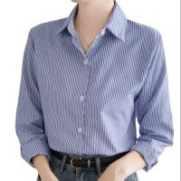 Camisa Listrada Azul de Manga Comprida - Casual para Primavera/Outono