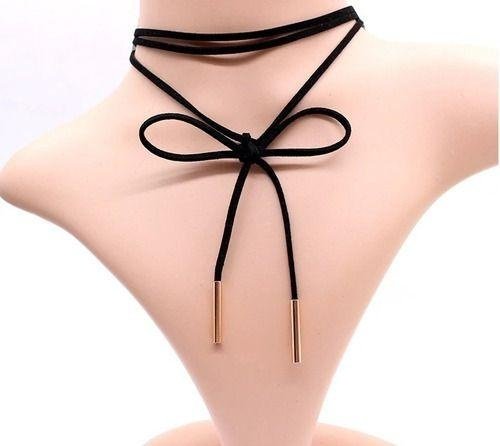 2 Colar Choker Longo Preto Pingentes Dourados Camurça Cordão