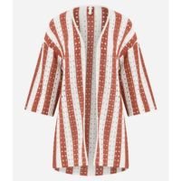Saída de Praia Kimono em Crochê Listrado com Vazados Marrom/Off White