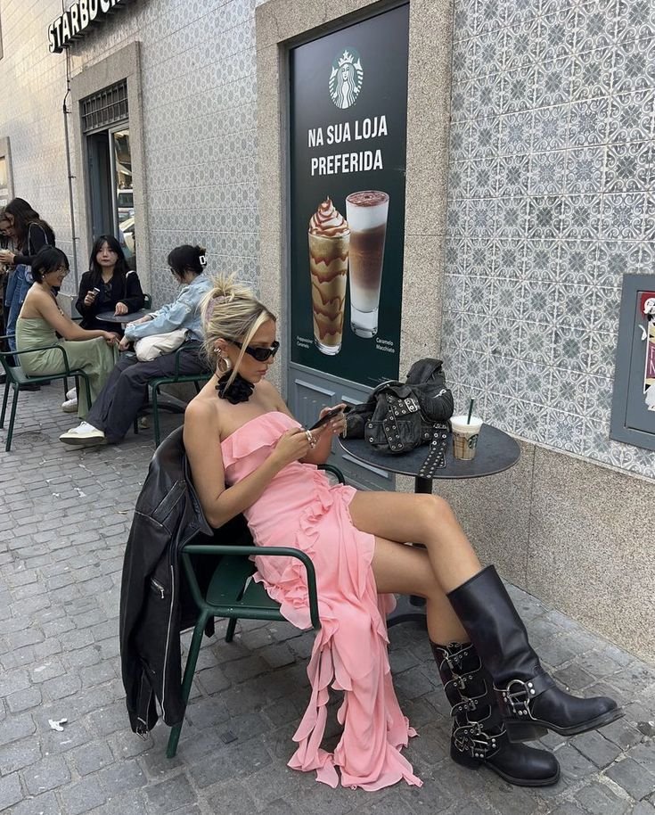 Pessoa sentada em café ao ar livre, vestindo botas pretas e vestido rosa, segurando celular. Estilo motomoda.