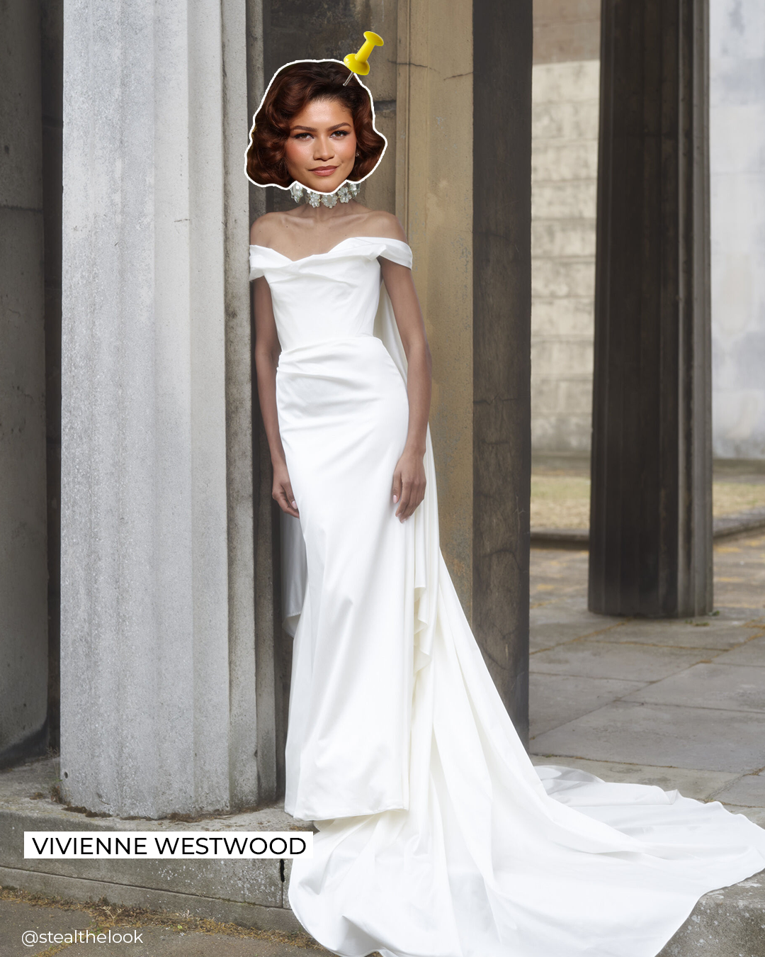 Modelo em vestido elegante branco posando entre colunas clássicas. Peça perfeita para Zendaya.