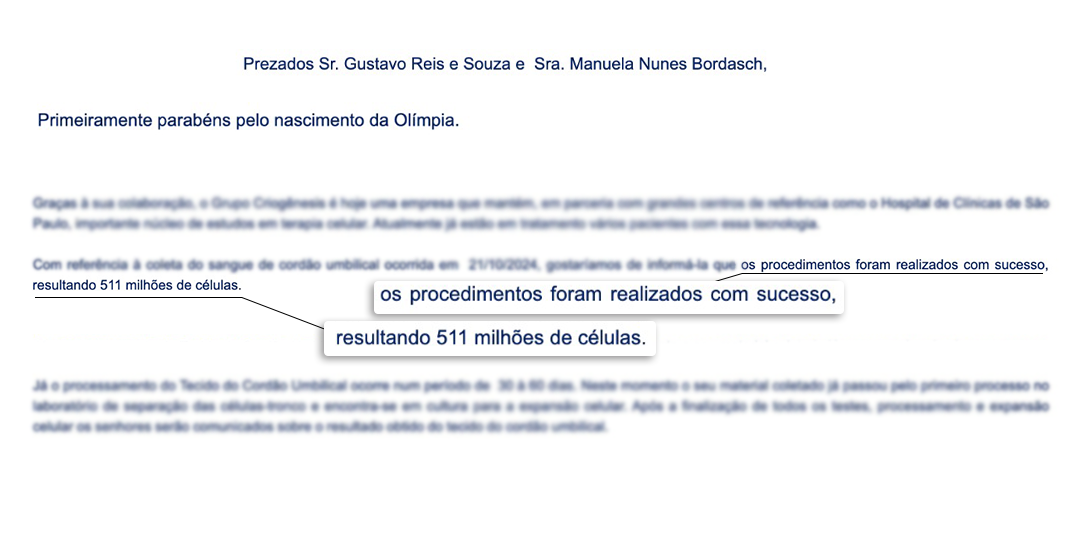 Procedimentos com sucesso em coleta de sangue do cordão umbilical, resultando em 511 milhões de células-tronco.