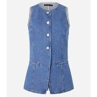 Colete Alongado em Jeans Cinturado com Botões Azul