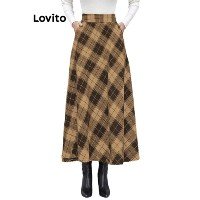 Lovito Saias casuais xadrez colorblock com bolso para mulh