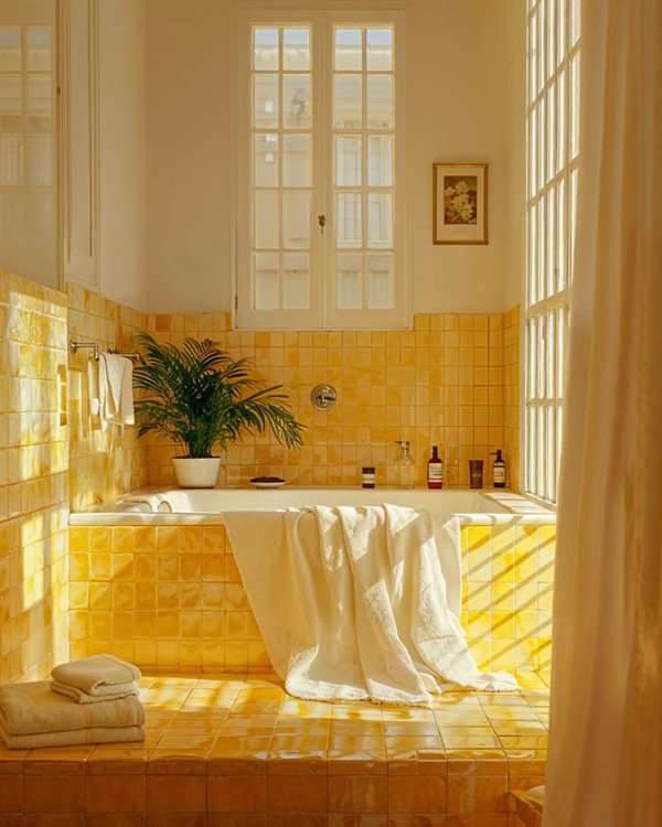 Banheiro aconchegante com azulejos amarelos, banheira, planta e toalhas, ideal para decorar a casa com conforto.