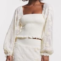 Blusa em Chiffon com Corpo em Lastex e Bordado Floral nas Mangas Bege Creme