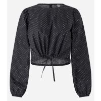 Blusa Cropped em Tricoline Poá com Amarração na Barra Preto