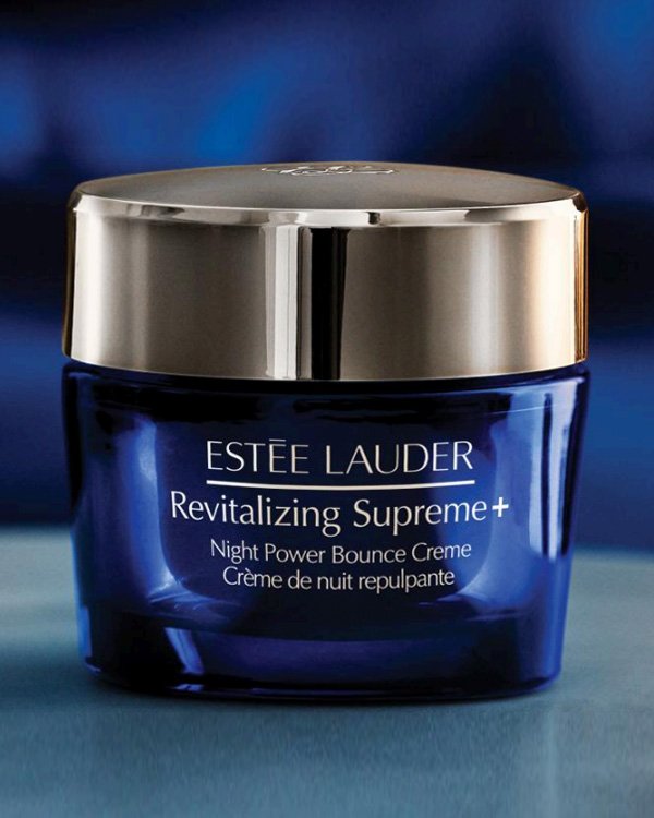 Pote azul de creme noturno revitalizante com tampa dourada da Estée Lauder.