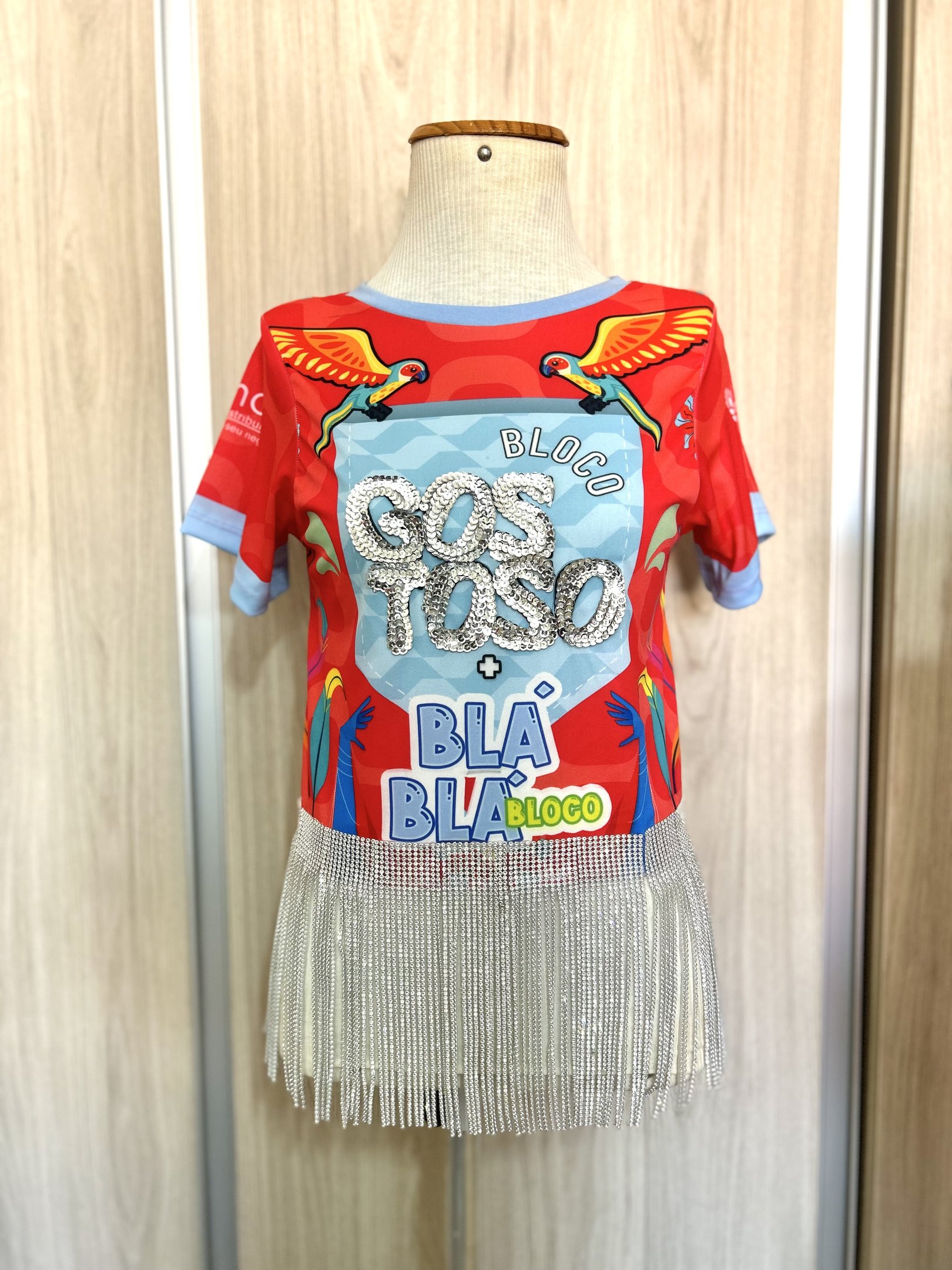 Abadá vermelho com detalhes em pássaros, franjas prateadas e texto