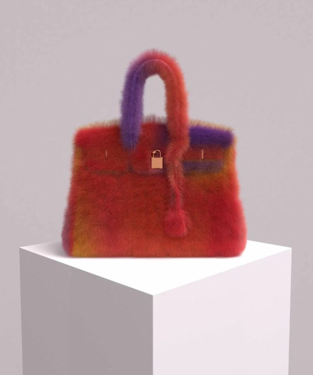 Bolsa luxuosa em tons vibrantes e textura peluda, destacando-se na moda por seu design único e contemporâneo.