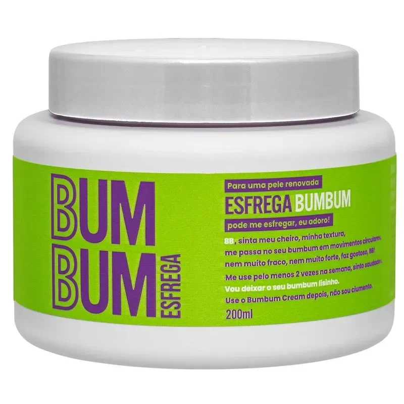 Pote de esfoliante corporal Esfrega Bumbum, embalagem verde com letras roxas, 200 ml. produtos para o corpo