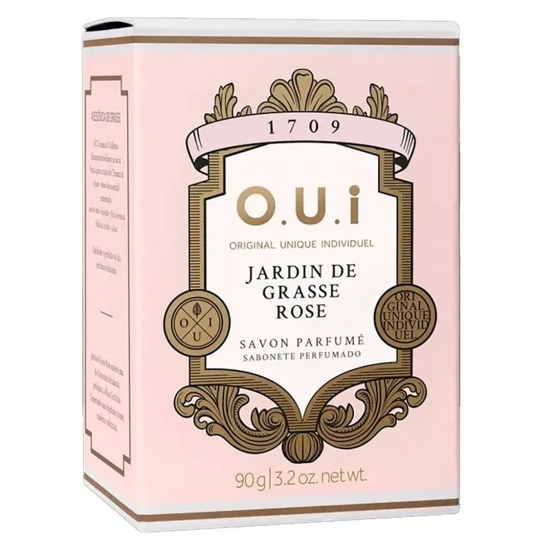 Caixa de sabonete perfumado O.U.i Jardin de Grasse Rose, 90g, embalagem rosa decorativa. produtos para o corpo