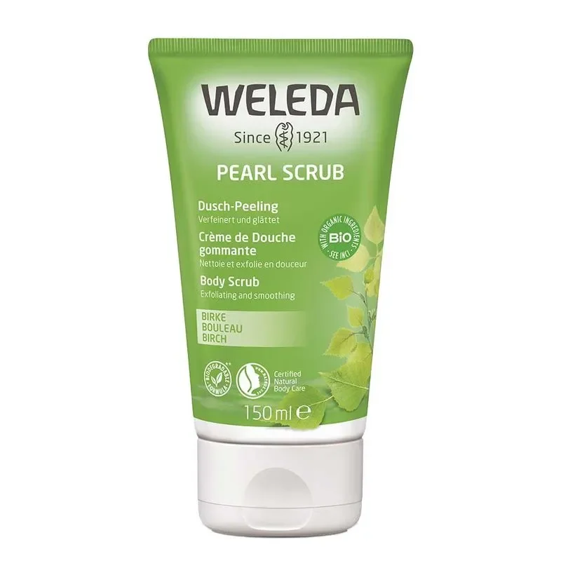 Esfoliante corporal Weleda Pearl Scrub em embalagem verde com detalhes de folha e selo de ingredientes orgânicos. produtos para o corpo
