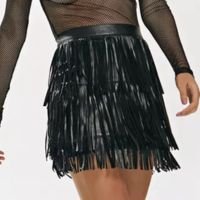 Saia Iódice Curta Justa Detalhe Franjas Preto