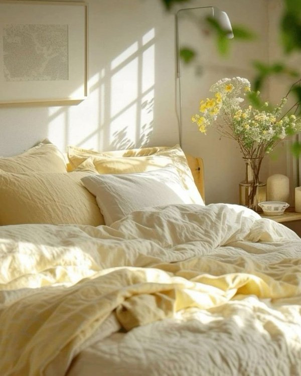 Cama com roupa de cama em tons suaves, flores ao lado e decoração aconchegante para decorar a casa.