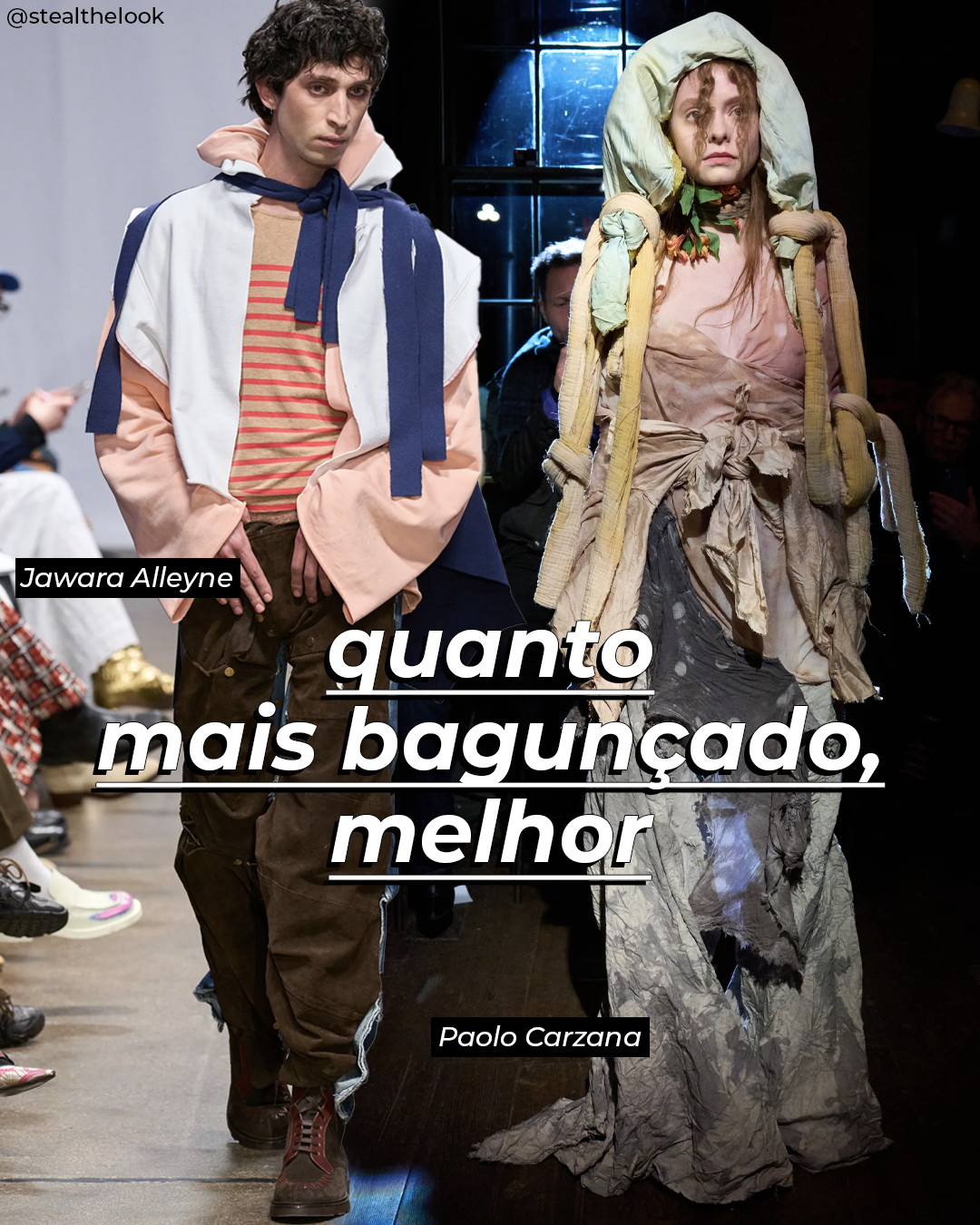Modelos desfilando looks de estilo desordenado, refletindo tendências de moda do Inverno 2025.