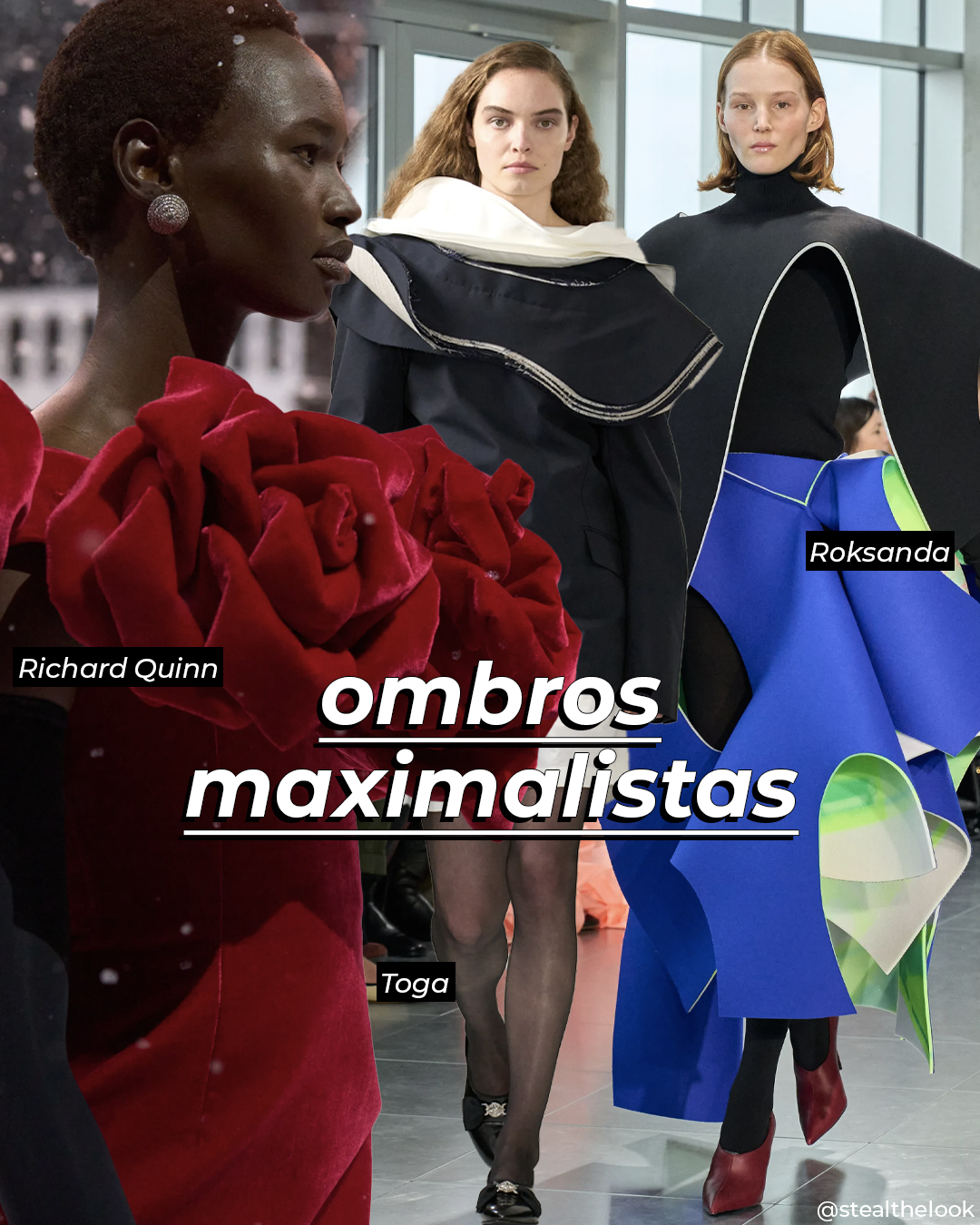 Modelos exibem roupas com ombros maximalistas, destacados como tendências de moda do inverno 2025.