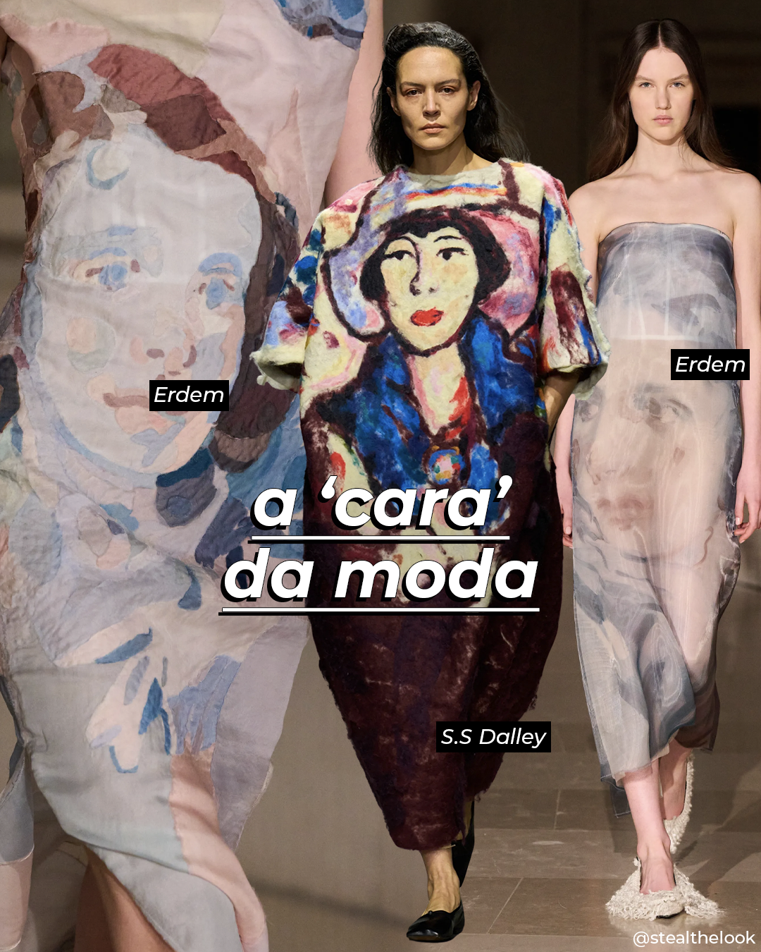 Modelos desfilam vestidos Erdem com estampas artísticas, refletindo tendências de moda do Inverno 2025.