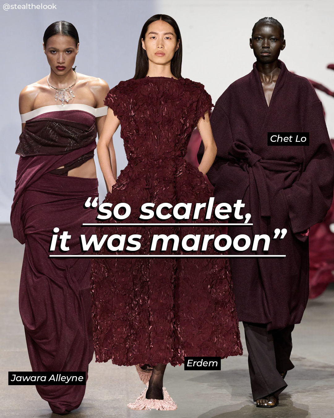 Modelos desfilam vestidos vinho, destacando tendências de moda do Inverno 2025. Texto: