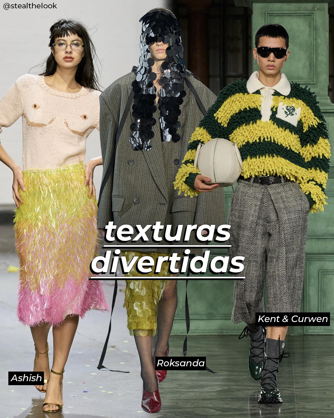 Modelos desfilam usando roupas com texturas marcantes, destacando tendências de moda do Inverno 2025.