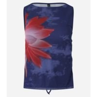 Blusa Sem Manga em Tule com Estampa de Flor de Lotus Azul/Vermelho