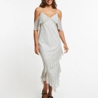 Vestido Midi em Tule com Babados Assimétricos e Estampa Poá Off White