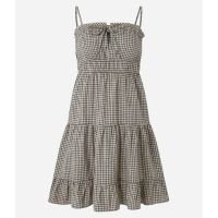 Vestido Curto em Tricoline Xadrez com Lacinho no Busto Marrom