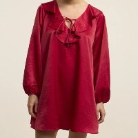 Vestido Curto Acetinado com Babados e Manga Bufante Vermelho