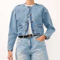 jaqueta cropped jeans decote redondo azul