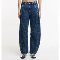 Calça Barrel em Jeans com Passantes no Cós e Bolsos Azul