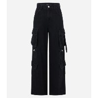 Calça Wide em Jeans com Bolsos Super Cargo Preto