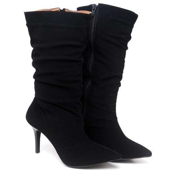 Bota Cano Médio Enrugado Salto Fino Médio em Couro Preto - Ellas Online