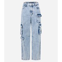 Calça Anos 90 Cintura Média em Jeans com Bolsos Cargo Azul