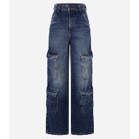 Calça Wide Leg Jeans com Bolso Cargo Azul