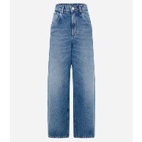Calça Ampla Cintura Alta em Jeans com Bolsos Azul