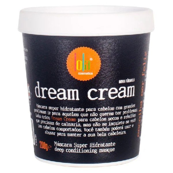 Máscara capilar Dream Cream da Lola Cosmetics, ideal para hidratações para cabelo cacheado. Pote de 200g com tampa branca.
