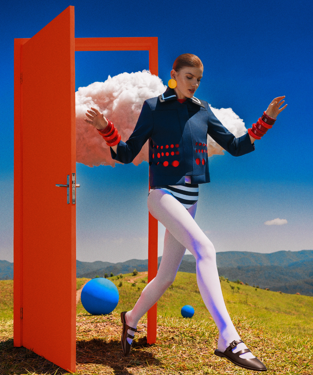 Pessoa elegante com sapatos Melissa, saindo de uma porta laranja em paisagem surreal com nuvens e bolas azuis no chão.