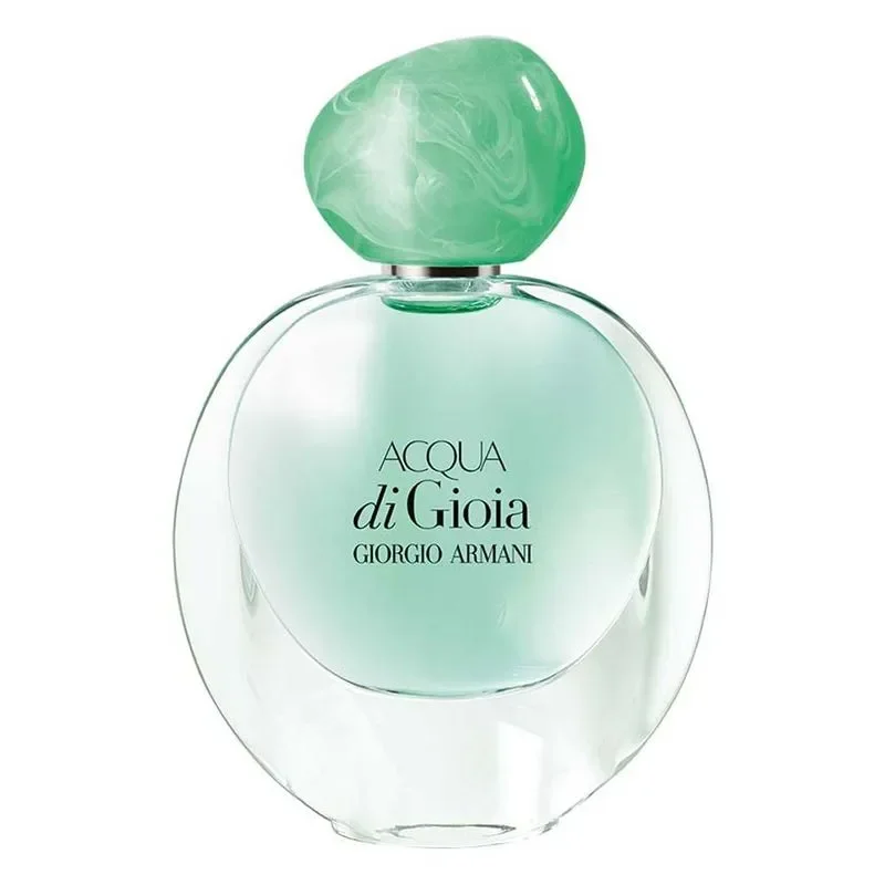 Frasco de perfume Acqua di Gioia, com tampa verde, exemplifica perfumes femininos frescos.