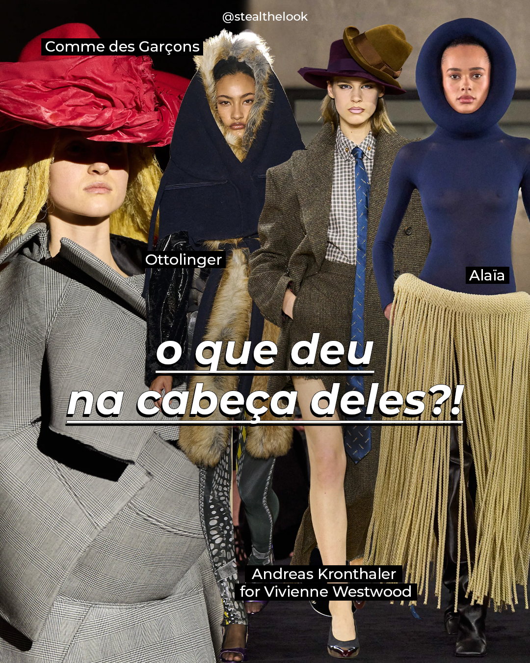 Desfile de moda com chapéus e roupas ousadas de diversas marcas, refletindo tendências do Outono 2025.