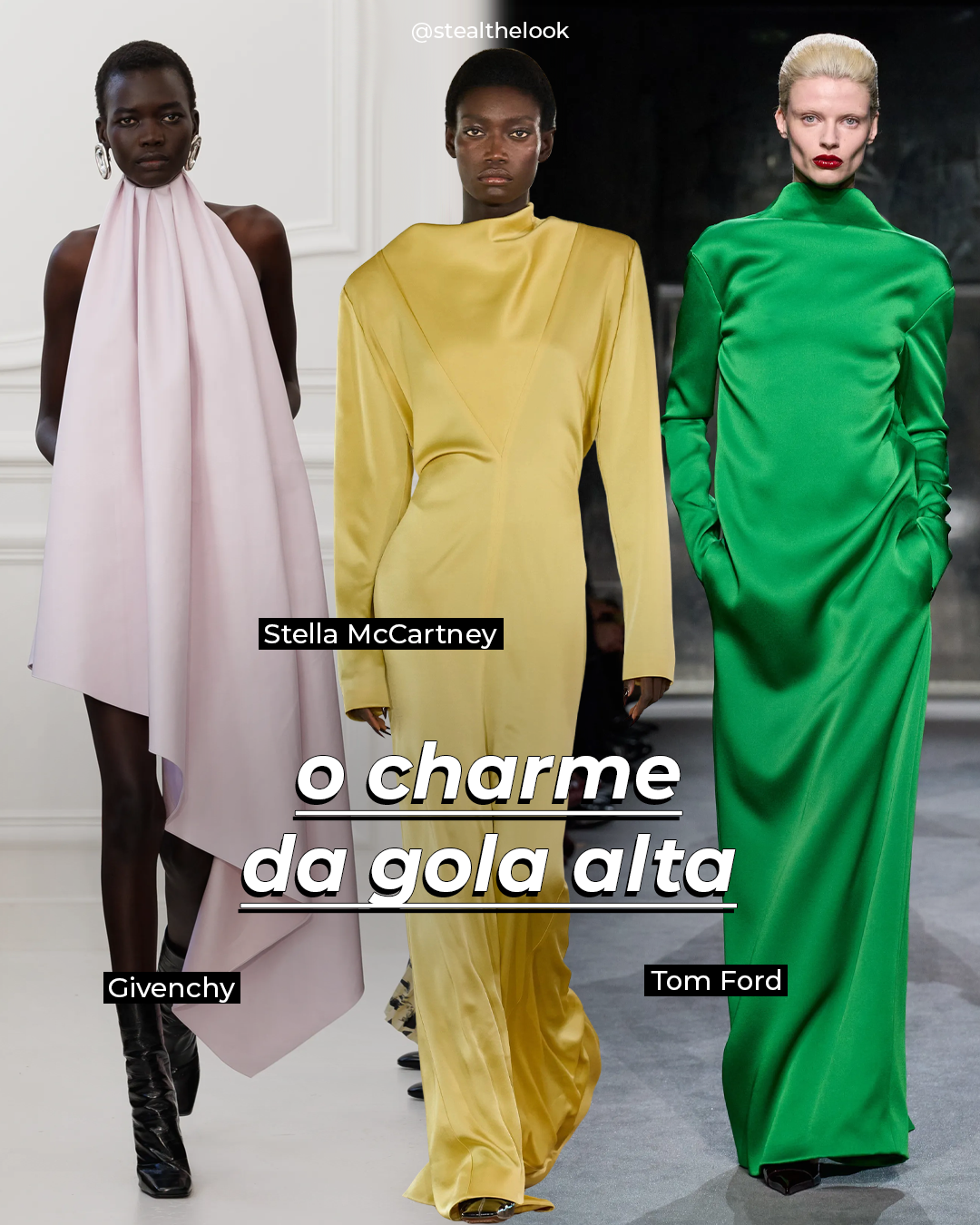Modelos vestem longos elegantes de gola alta em tons pastel e verde, refletindo tendências do Outono 2025.