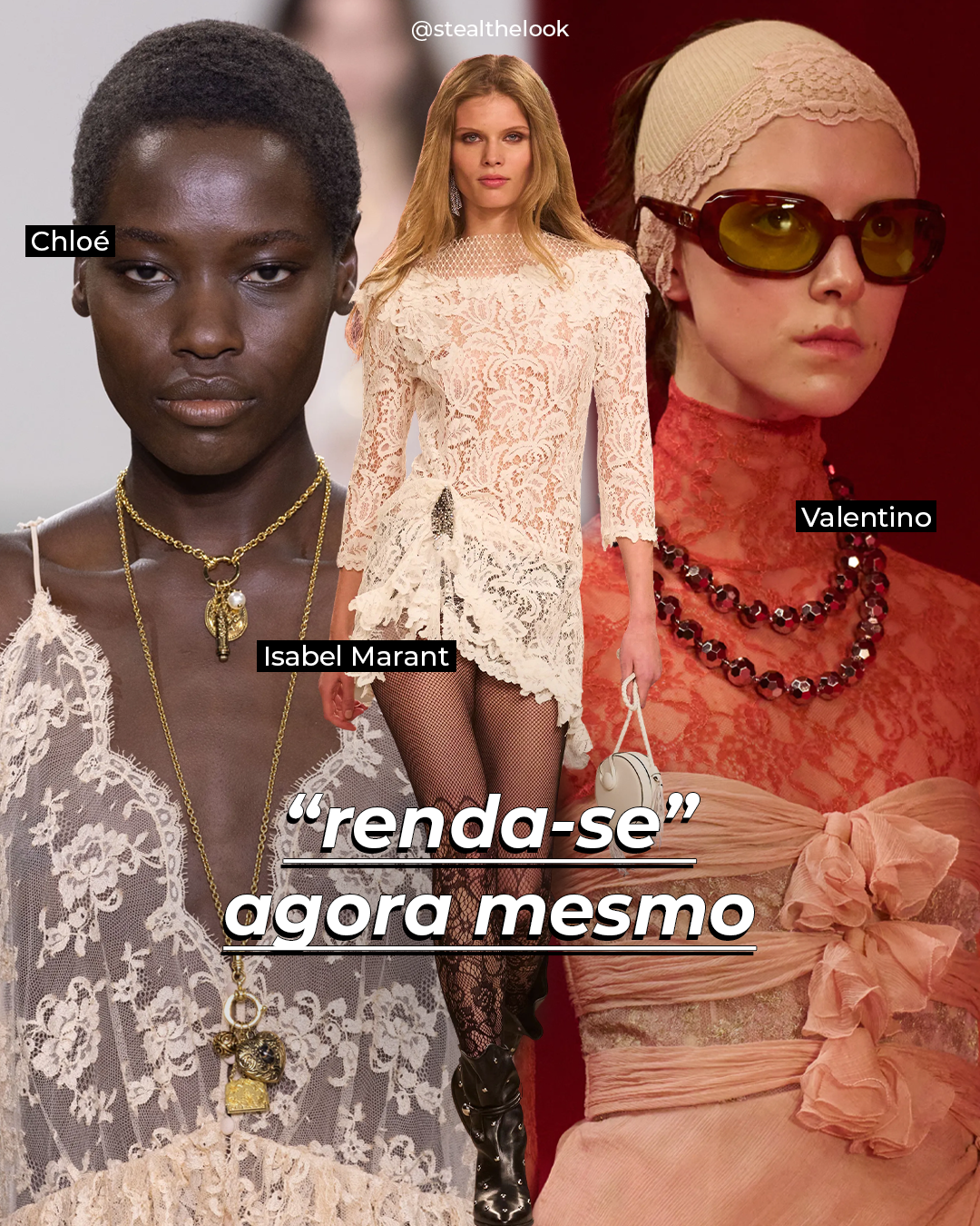 Modelos exibem looks de renda das marcas Chloé, Isabel Marant e Valentino, inspirando tendências do Outono 2025.