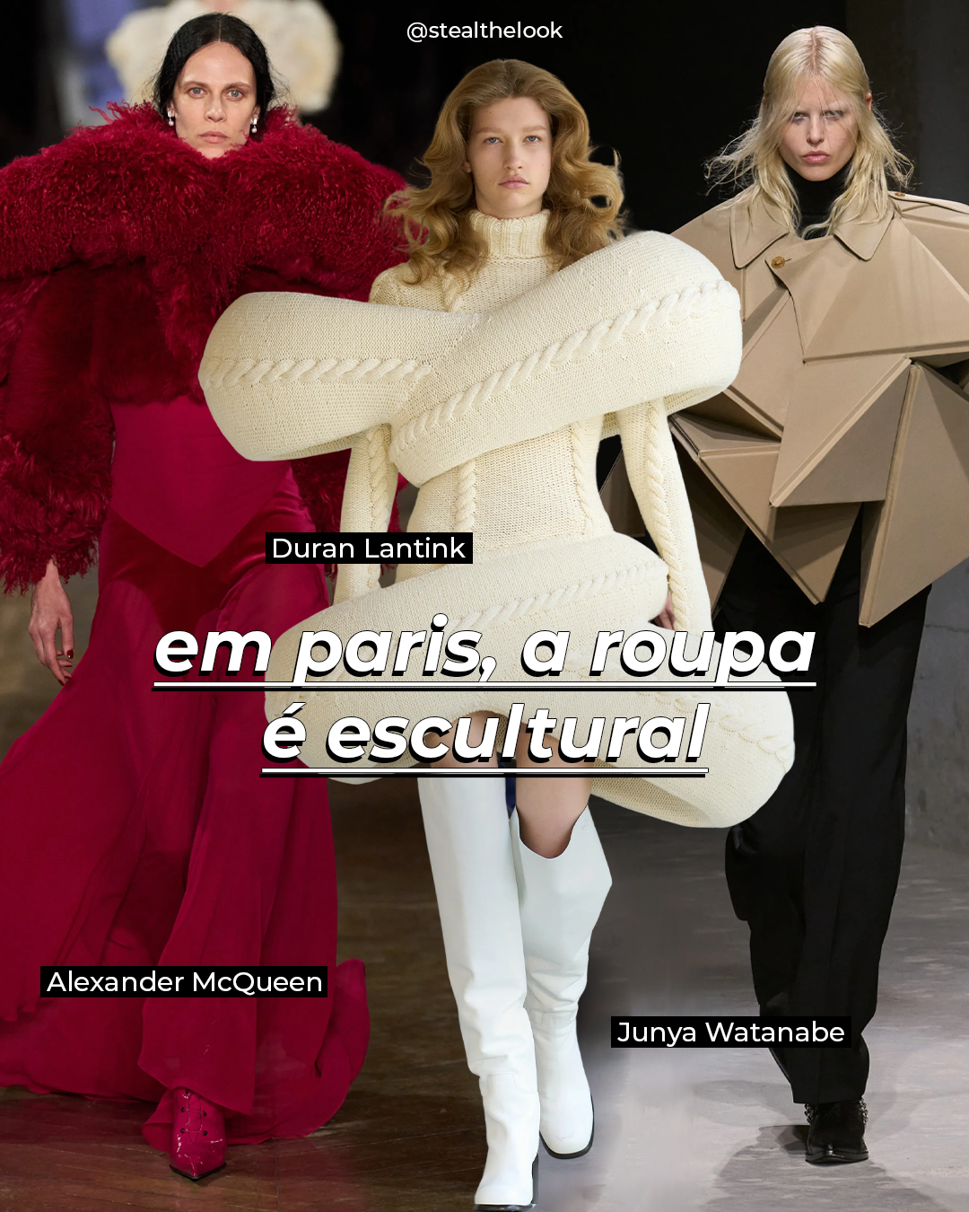Modelos desfilam em Paris com roupas esculturais de Alexander McQueen, Duran Lantink e Junya Watanabe. Tendências do Outono 2025.