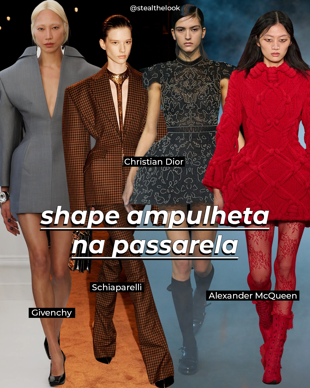 Modelos exibem o shape ampulheta nas passarelas das marcas Givenchy, Schiaparelli, Christian Dior e Alexander McQueen.