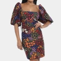 Vestido Curto Farm Jardim De Morango - Preto+Laranja
