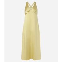 Vestido Acetinado com Alça Cruzada e Franzido no Busto Dourado