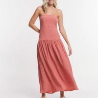 Vestido Midi com Decote Tomara que Caia e Lastex nas Costas Rosa Coral