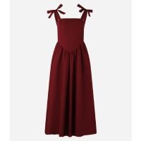 Vestido Midi Evasê em Tricoline com Cintura em V e Alças de Amarração Verme